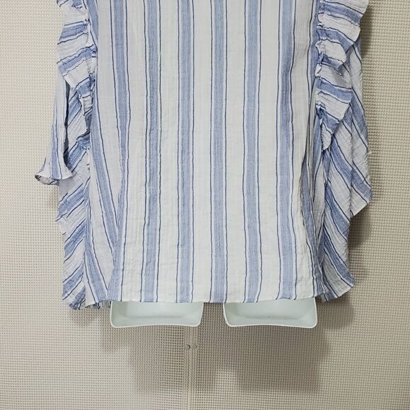 Vince Camuto Top XL White Blue Striped Blouse Ruffle Kimono 3/4 Sleeve Cottage - Picture 7 of 9